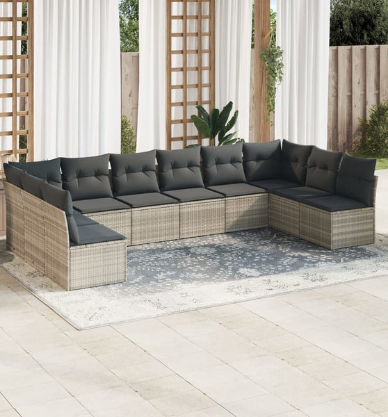 10-tlg. Garten-Sofagarnitur mit Kissen Hellgrau Poly Rattan