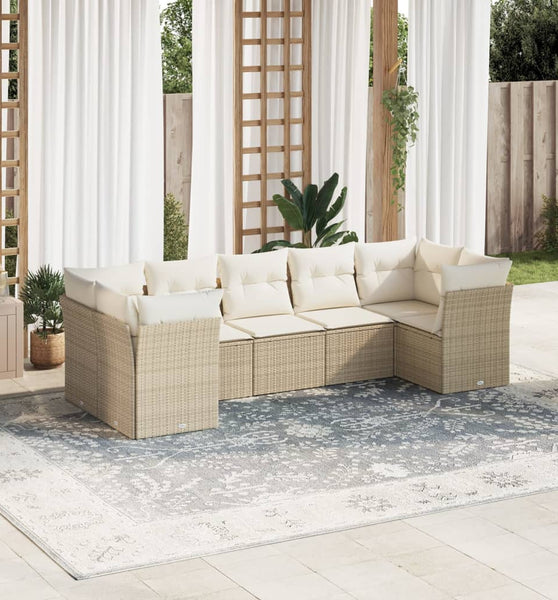 7-tlg. Garten-Sofagarnitur mit Kissen Beige Poly Rattan