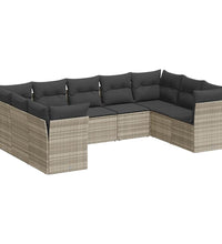 9-tlg. Garten-Sofagarnitur mit Kissen Hellgrau Poly Rattan