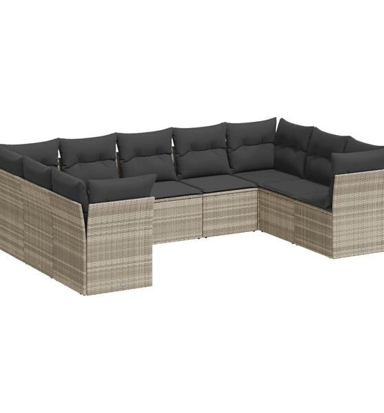 9-tlg. Garten-Sofagarnitur mit Kissen Hellgrau Poly Rattan
