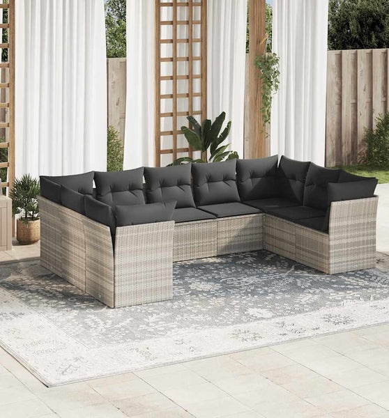 9-tlg. Garten-Sofagarnitur mit Kissen Hellgrau Poly Rattan