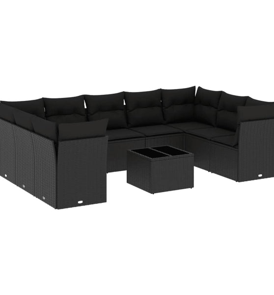 10-tlg. Garten-Sofagarnitur mit Kissen Schwarz Poly Rattan