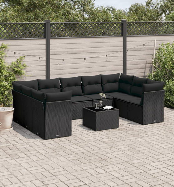 10-tlg. Garten-Sofagarnitur mit Kissen Schwarz Poly Rattan