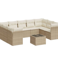 10-tlg. Garten-Sofagarnitur mit Kissen Beige Poly Rattan