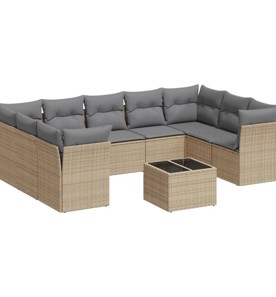 10-tlg. Garten-Sofagarnitur mit Kissen Beige Poly Rattan