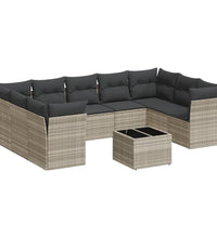 10-tlg. Garten-Sofagarnitur mit Kissen Hellgrau Poly Rattan