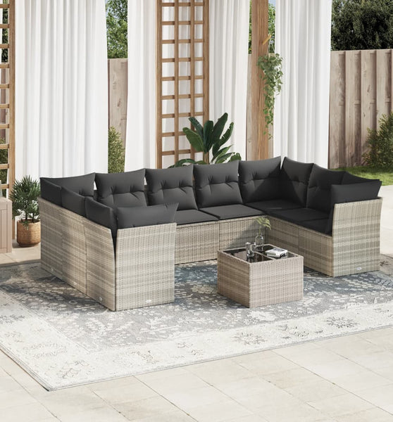 10-tlg. Garten-Sofagarnitur mit Kissen Hellgrau Poly Rattan