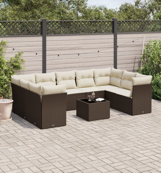 10-tlg. Garten-Sofagarnitur mit Kissen Braun Poly Rattan