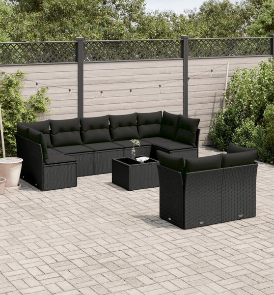 10-tlg. Garten-Sofagarnitur mit Kissen Schwarz Poly Rattan