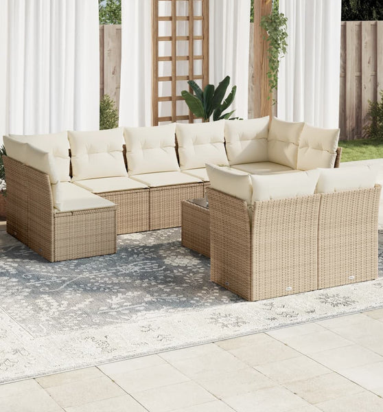 10-tlg. Garten-Sofagarnitur mit Kissen Beige Poly Rattan
