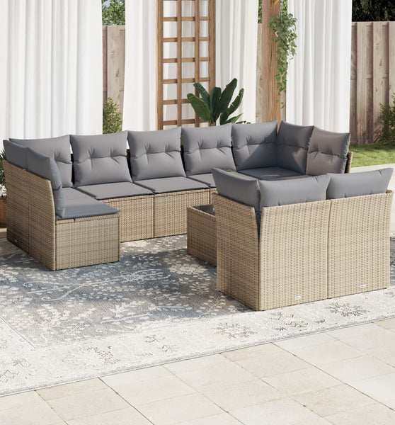 10-tlg. Garten-Sofagarnitur mit Kissen Beige Poly Rattan