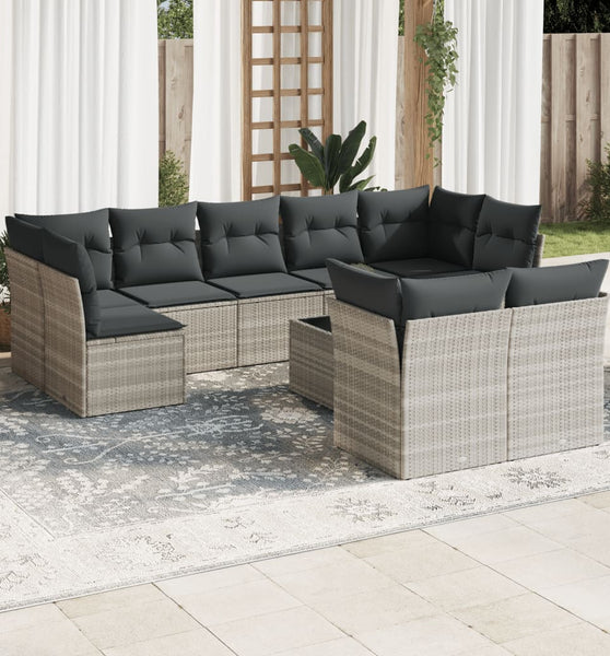 10-tlg. Garten-Sofagarnitur mit Kissen Hellgrau Poly Rattan