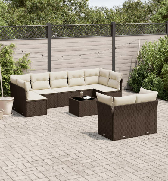 10-tlg. Garten-Sofagarnitur mit Kissen Braun Poly Rattan