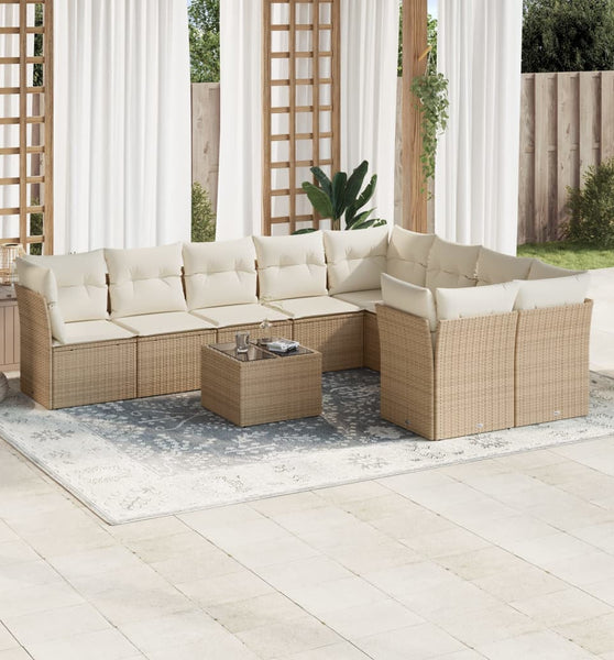 10-tlg. Garten-Sofagarnitur mit Kissen Beige Poly Rattan