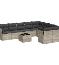 10-tlg. Garten-Sofagarnitur mit Kissen Hellgrau Poly Rattan