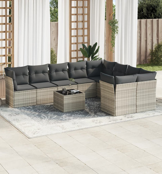 10-tlg. Garten-Sofagarnitur mit Kissen Hellgrau Poly Rattan