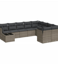 10-tlg. Garten-Sofagarnitur mit Kissen Grau Poly Rattan