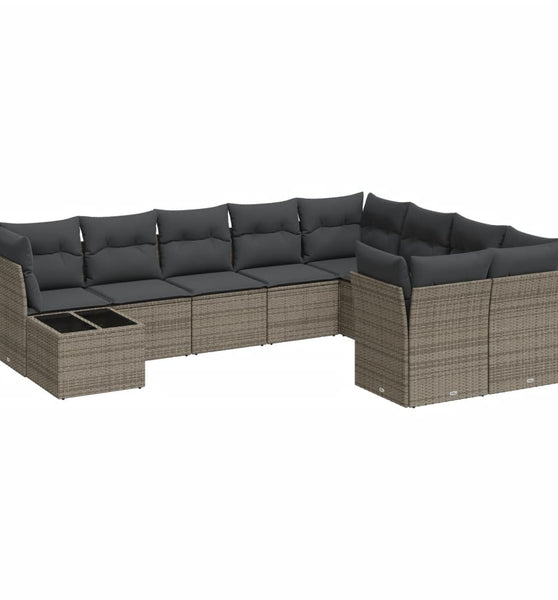 10-tlg. Garten-Sofagarnitur mit Kissen Grau Poly Rattan