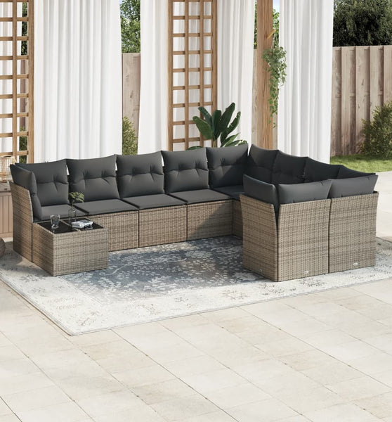10-tlg. Garten-Sofagarnitur mit Kissen Grau Poly Rattan