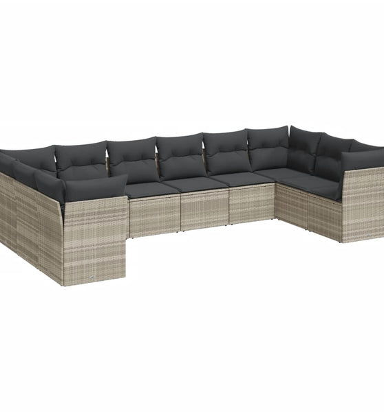 10-tlg. Garten-Sofagarnitur mit Kissen Hellgrau Poly Rattan