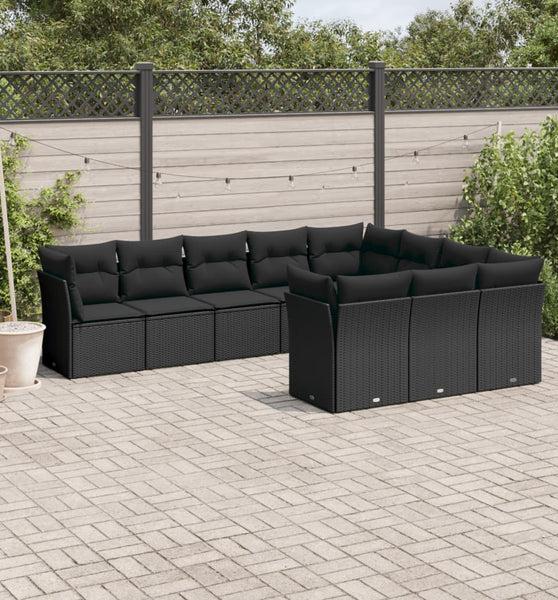 10-tlg. Garten-Sofagarnitur mit Kissen Schwarz Poly Rattan