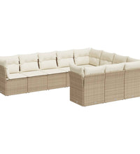 10-tlg. Garten-Sofagarnitur mit Kissen Beige Poly Rattan