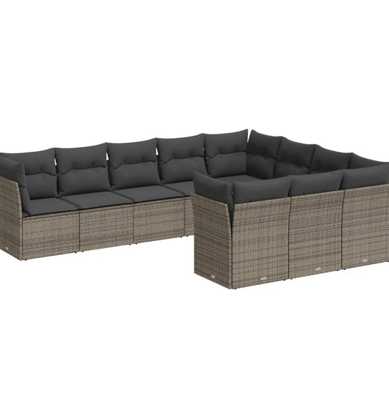 10-tlg. Garten-Sofagarnitur mit Kissen Grau Poly Rattan