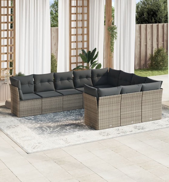10-tlg. Garten-Sofagarnitur mit Kissen Grau Poly Rattan
