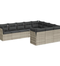 10-tlg. Garten-Sofagarnitur mit Kissen Hellgrau Poly Rattan
