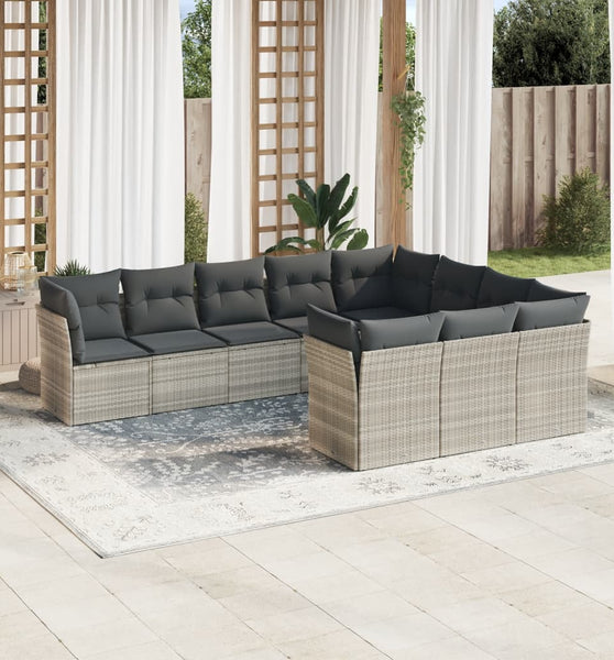 10-tlg. Garten-Sofagarnitur mit Kissen Hellgrau Poly Rattan