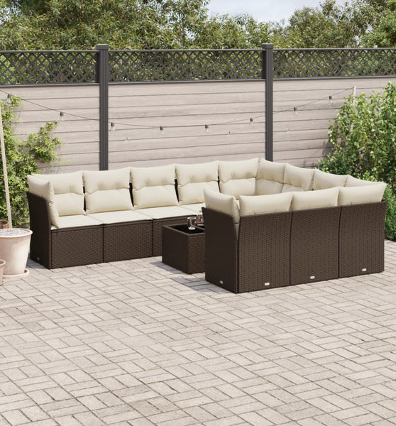 11-tlg. Garten-Sofagarnitur mit Kissen Braun Poly Rattan