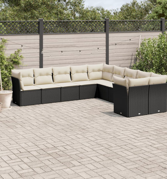 10-tlg. Garten-Sofagarnitur mit Kissen Schwarz Poly Rattan