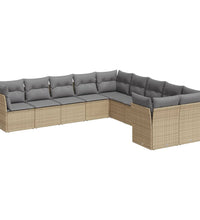 10-tlg. Garten-Sofagarnitur mit Kissen Beige Poly Rattan