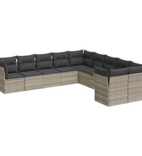 10-tlg. Garten-Sofagarnitur mit Kissen Hellgrau Poly Rattan