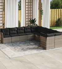 10-tlg. Garten-Sofagarnitur mit Kissen Hellgrau Poly Rattan
