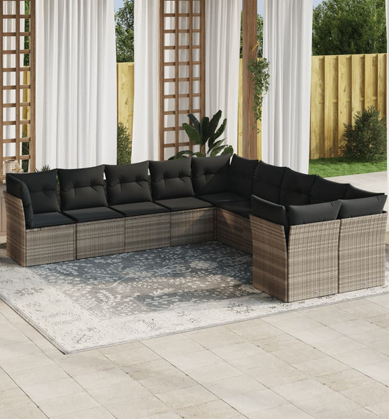 10-tlg. Garten-Sofagarnitur mit Kissen Hellgrau Poly Rattan