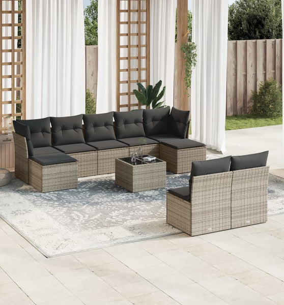 10-tlg. Garten-Sofagarnitur mit Kissen Grau Poly Rattan