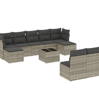 10-tlg. Garten-Sofagarnitur mit Kissen Hellgrau Poly Rattan