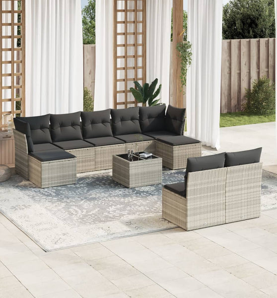 10-tlg. Garten-Sofagarnitur mit Kissen Hellgrau Poly Rattan