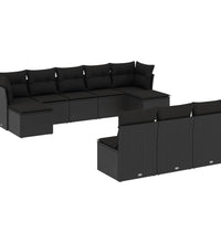 10-tlg. Garten-Sofagarnitur mit Kissen Schwarz Poly Rattan