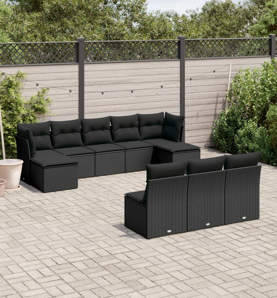 10-tlg. Garten-Sofagarnitur mit Kissen Schwarz Poly Rattan