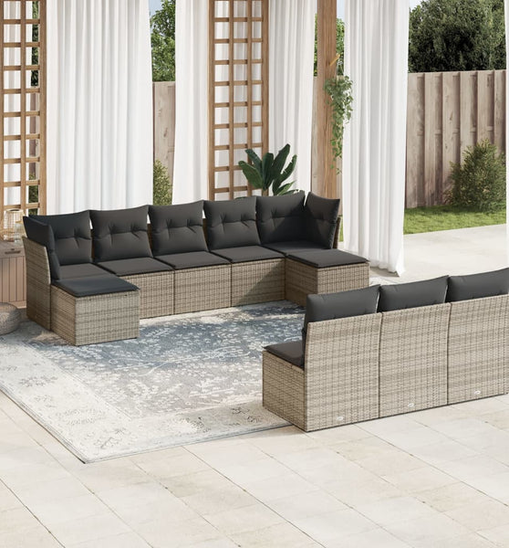 10-tlg. Garten-Sofagarnitur mit Kissen Grau Poly Rattan