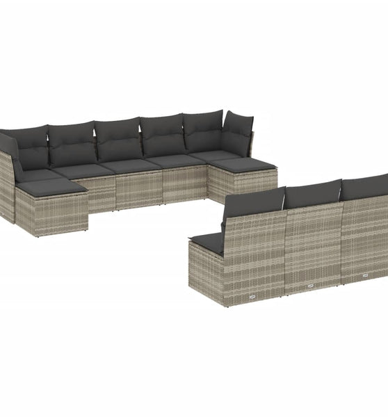 10-tlg. Garten-Sofagarnitur mit Kissen Hellgrau Poly Rattan
