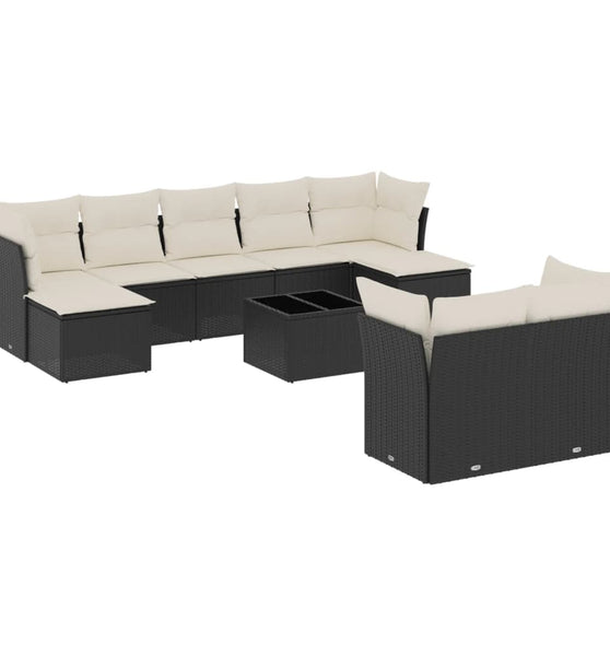 10-tlg. Garten-Sofagarnitur mit Kissen Schwarz Poly Rattan