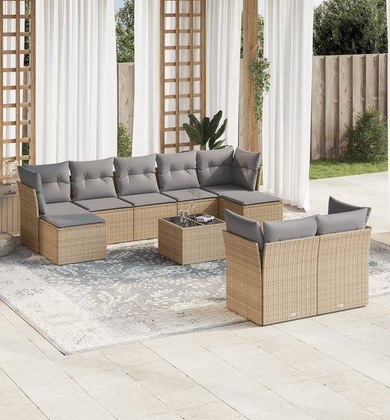 10-tlg. Garten-Sofagarnitur mit Kissen Beige Poly Rattan