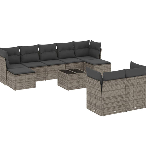 10-tlg. Garten-Sofagarnitur mit Kissen Grau Poly Rattan