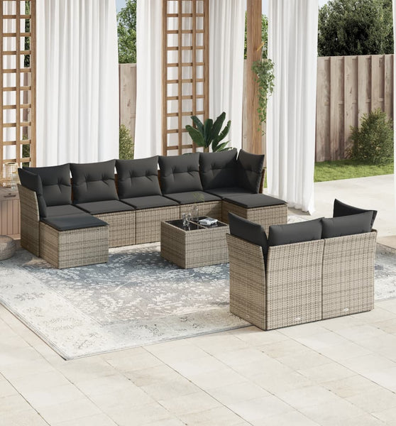 10-tlg. Garten-Sofagarnitur mit Kissen Grau Poly Rattan