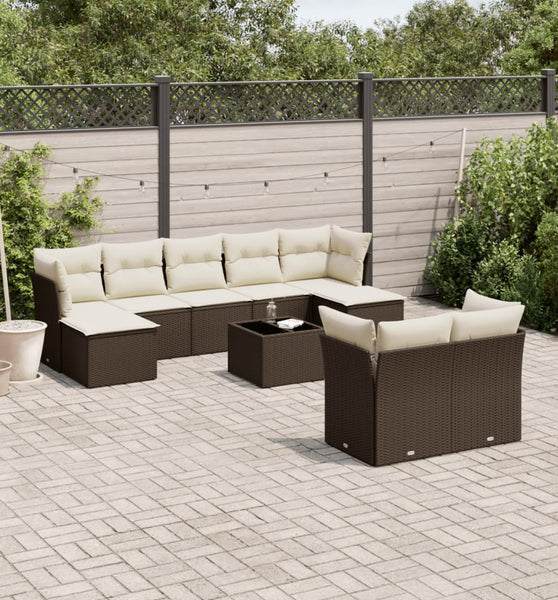 10-tlg. Garten-Sofagarnitur mit Kissen Braun Poly Rattan