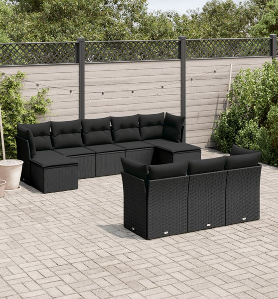 10-tlg. Garten-Sofagarnitur mit Kissen Schwarz Poly Rattan