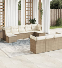 10-tlg. Garten-Sofagarnitur mit Kissen Beige Poly Rattan
